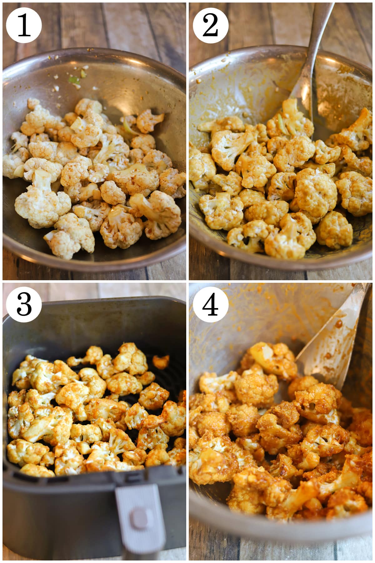 4-panel collage showing how to season cauliflower florets, coat in cornstarch and nutritional yeast, air fry until crispy, and coat in buffalo sauce.