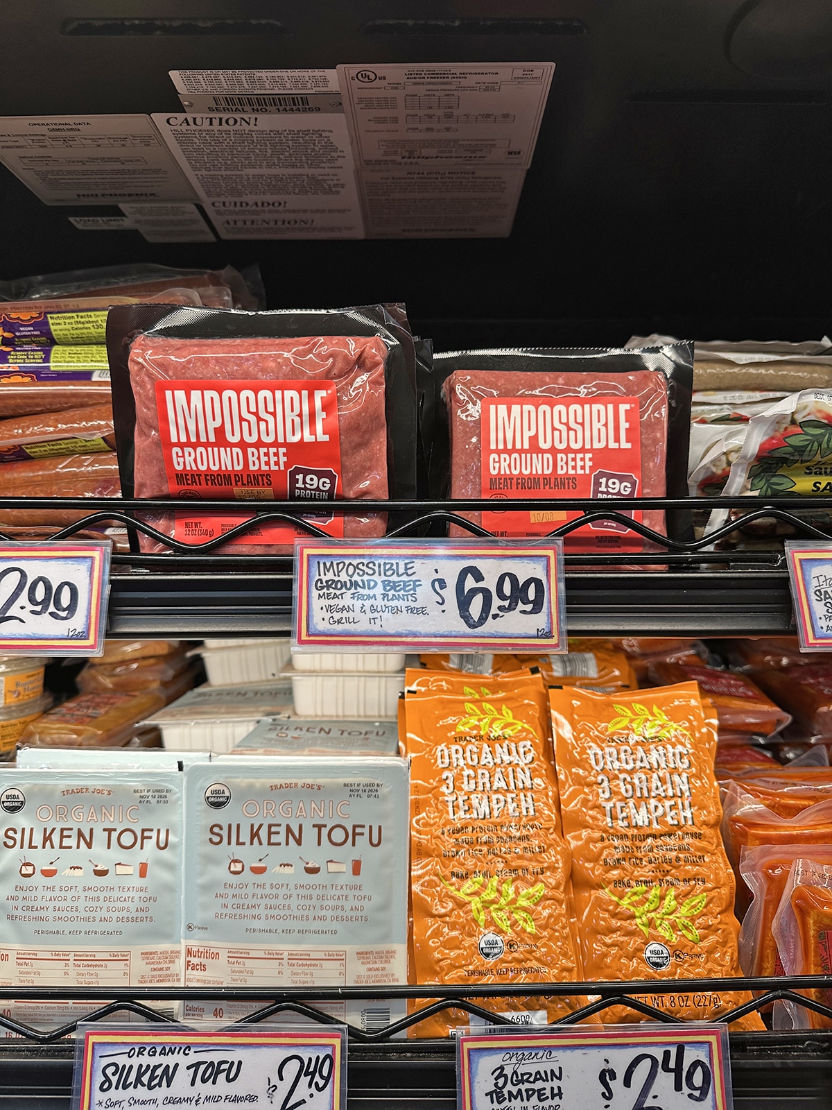 Impossible ground beef on store shelf at Trader Joe's for $6.99.