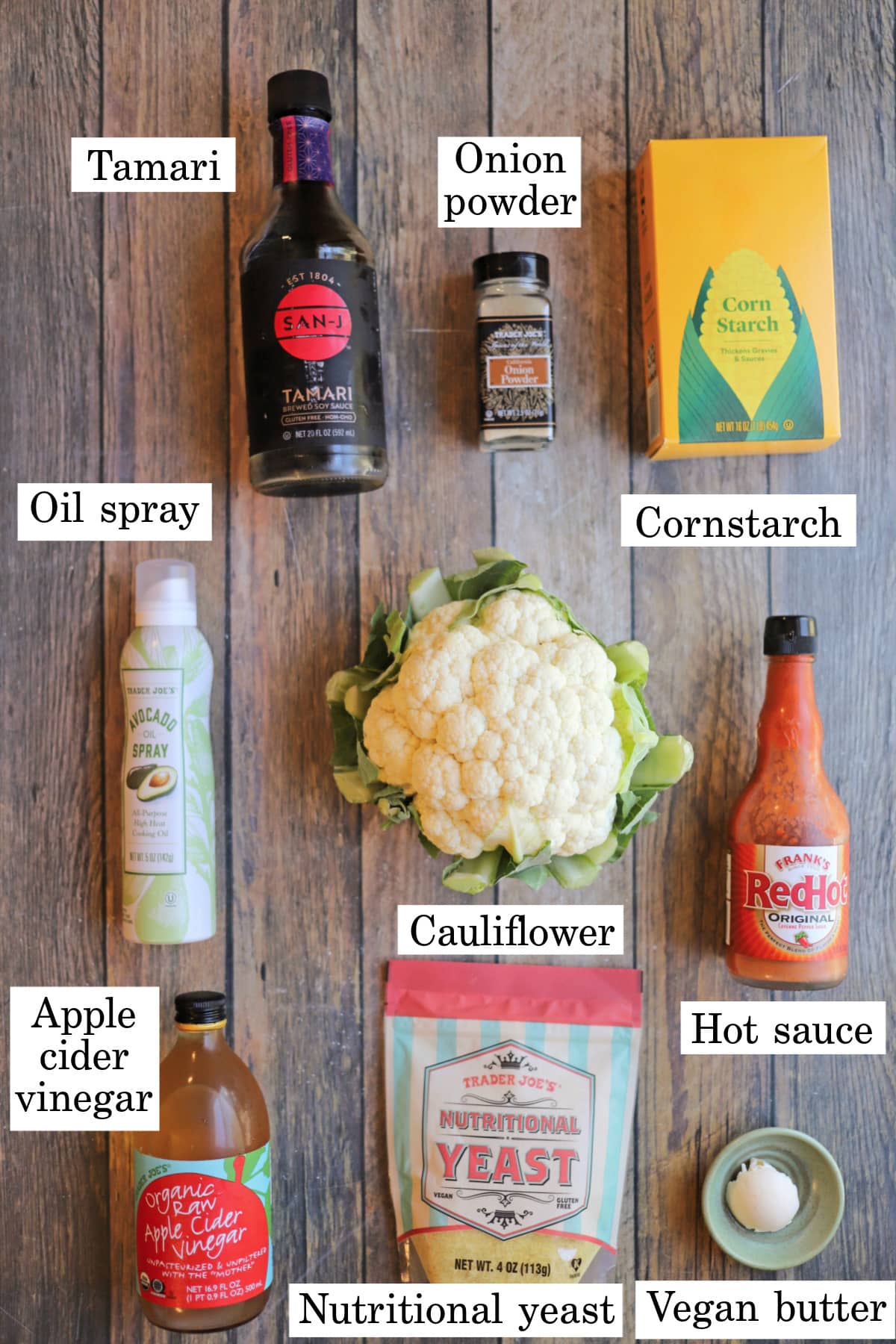Labeled ingredients for air fryer buffalo cauliflower recipe.
