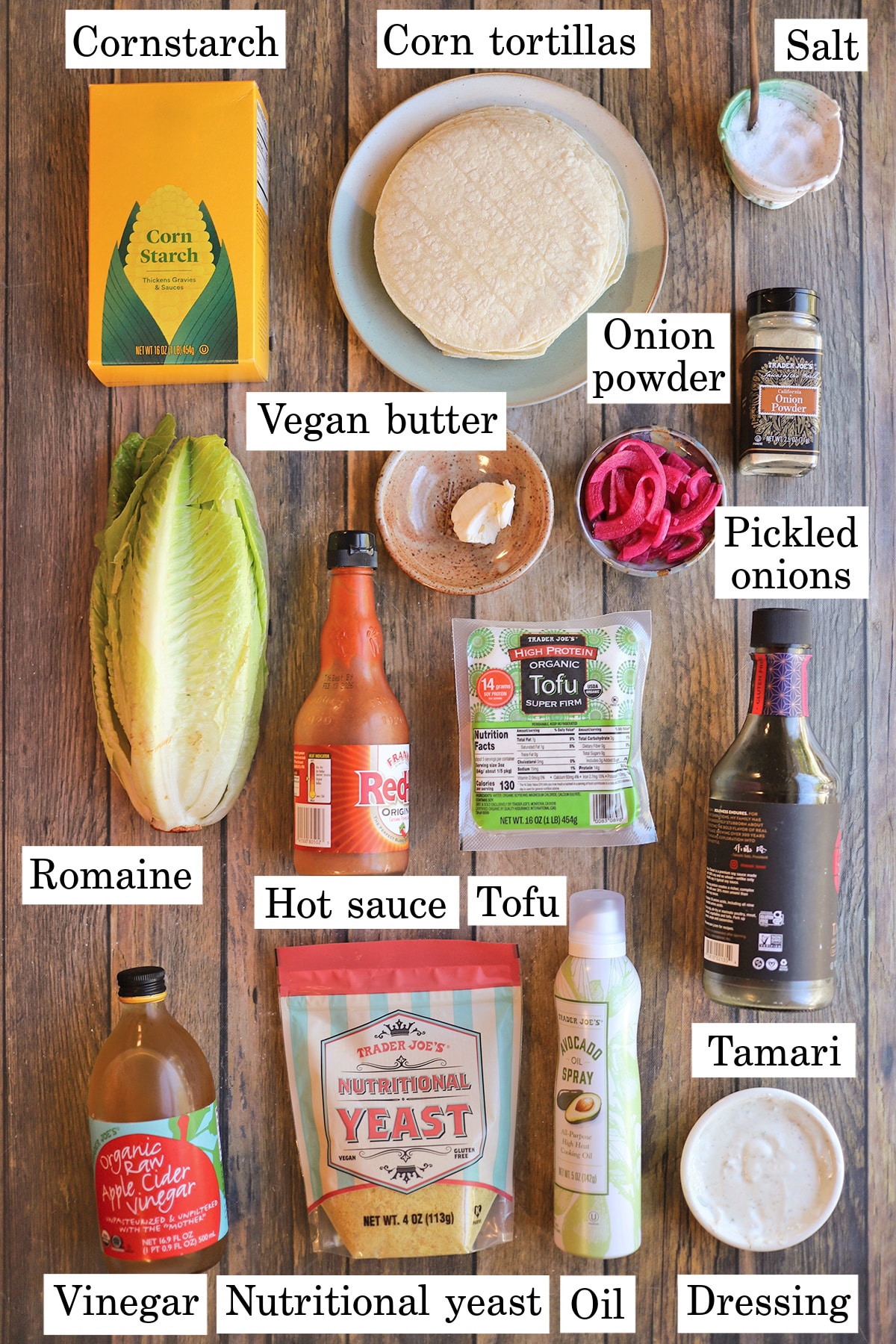 Labeled ingredients for air fryer buffalo tofu tacos.