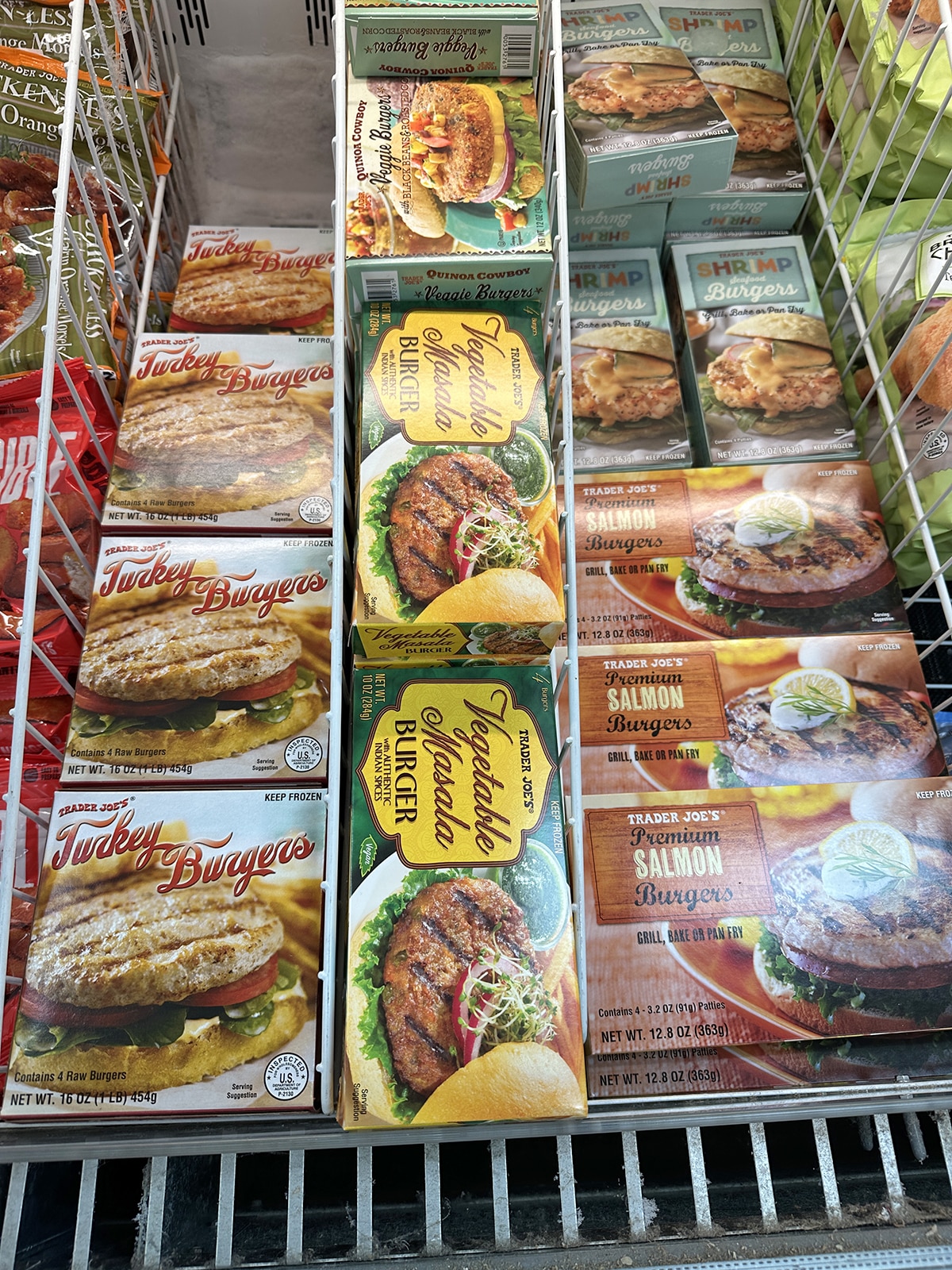 Vegetable masala burger in freezer at Trader Joe's.